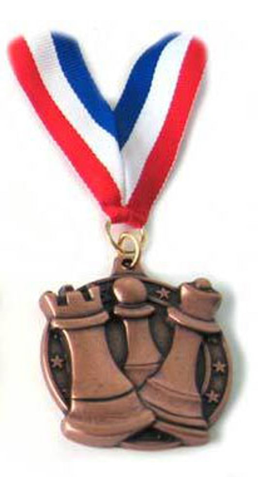 Bronze Round Chess Medal with 30" Red, White, and Blue Ribbon – 2.25" Diecast