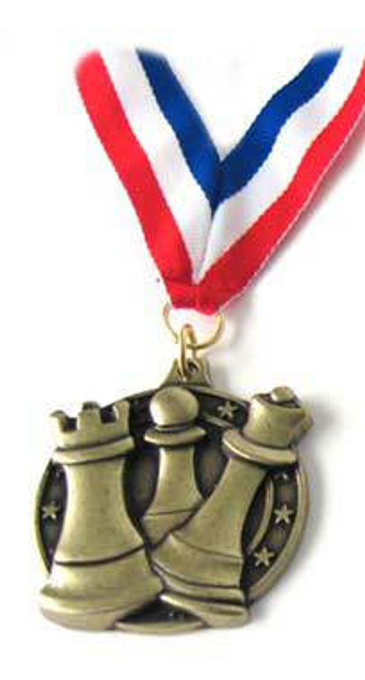 Gold Round Chess Medal with 30" Red, White, and Blue Ribbon – 2.25" Diecast