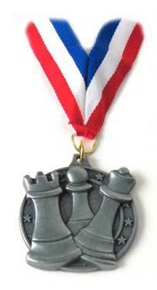 Silver Round Chess Medal with 30" Red, White, and Blue Ribbon – 2.25" Diecast