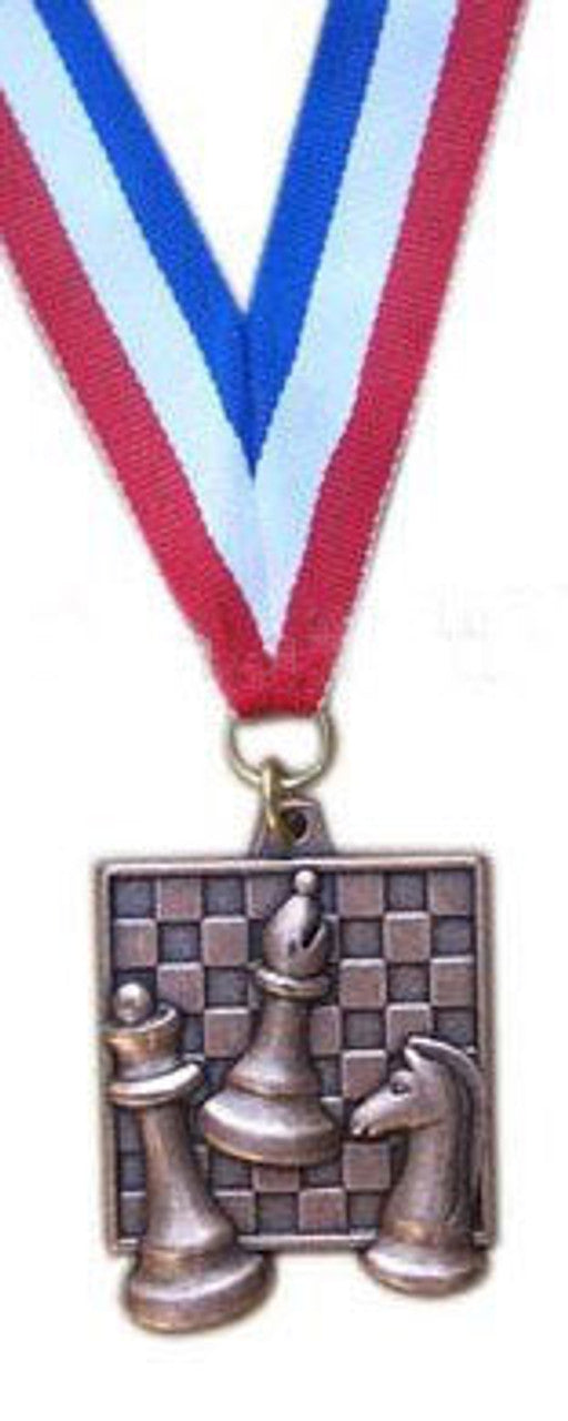 Bronze Square Chess Medal with 30" Red, White, and Blue Ribbon – 1" x 2" Diecast