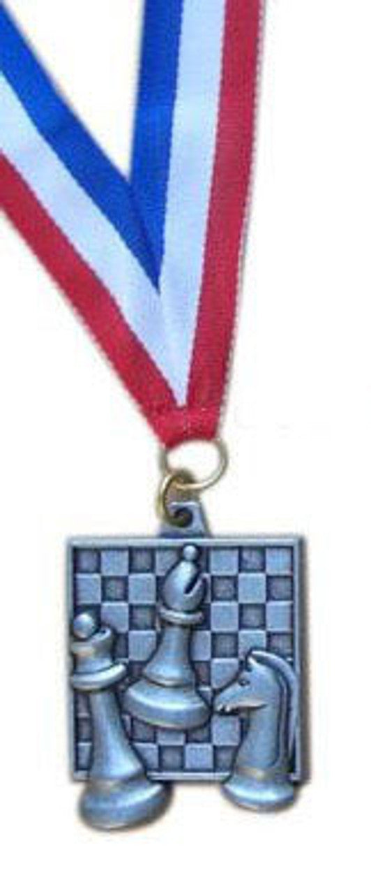 Silver Square Chess Medal with 30" Red, White, and Blue Ribbon – 1" x 2" Diecast